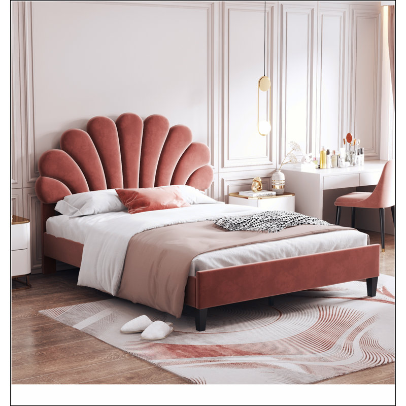 Lit plateforme tapissier avec tête de lit en velours à motif floral, Double, Pâte de haricots rouge