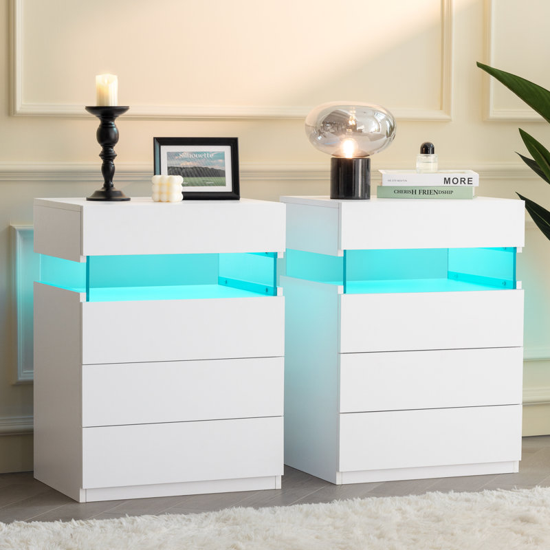 Table de chevet moderne en bois blanc à DEL 28 po avec 28 tiroirs, Blanc, Individuel