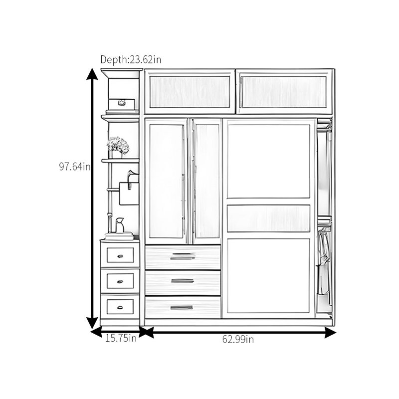 Garde-robe coulissante simple et élégante en osier, H 97,64 po x l 78,74 po x P 23,62 po