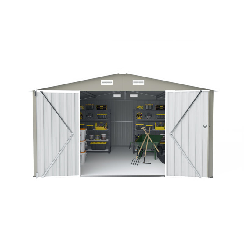Campcraft  Outdoor Storage Shed 10×14 FT With 3 Lockable Doors,4 Air Vents & Sloped Roof,Utility Tool Shed Metal Storage Garden Sheds  Frame And 4 Vents,For Backyard,Patio,Lawn,Light Grey