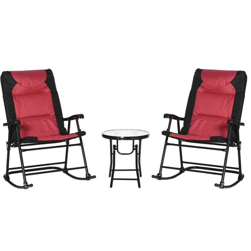 3 pièces de mobilier de patio, rouge - 2 chaises berçantes confortables et table basse pliable en verre pour balcon, pliante avec tissu enduit