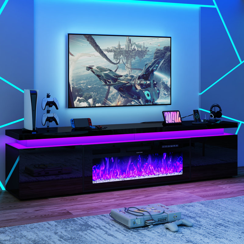 83" LED TV Stand With 40" Fireplace, Charging Station/Power Outlet Included, 20.4"H x 83"L x 15"W, Black, Yes