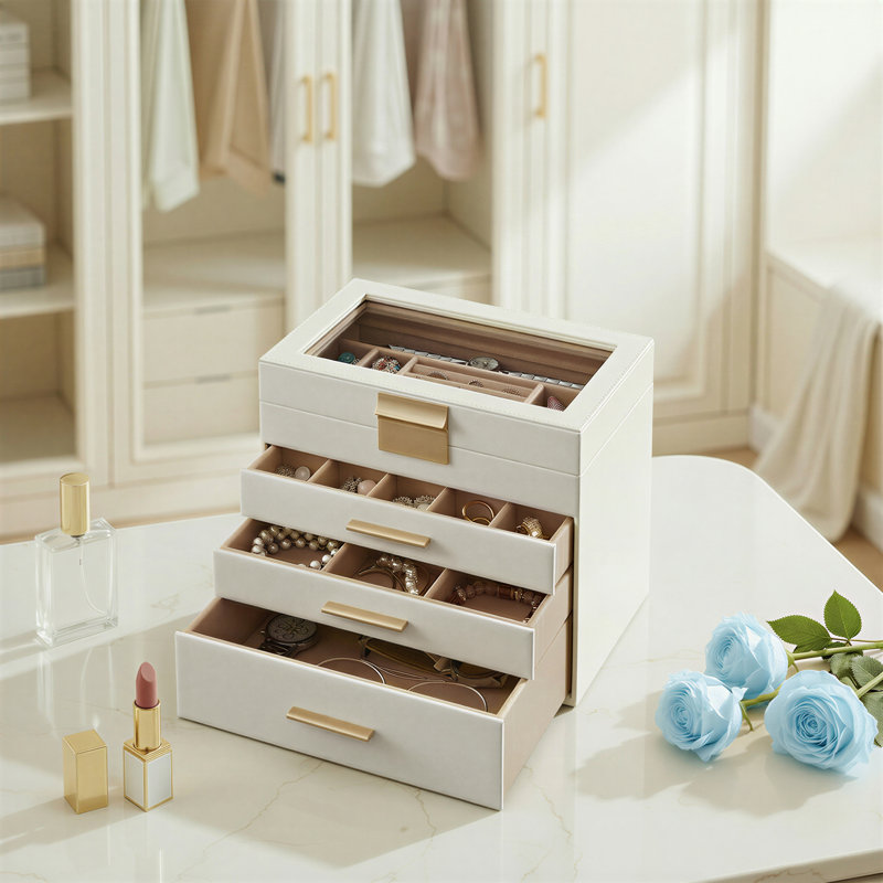 Boîte à bijoux avec couvercle en verre, organisateur de bijoux à 4 couches