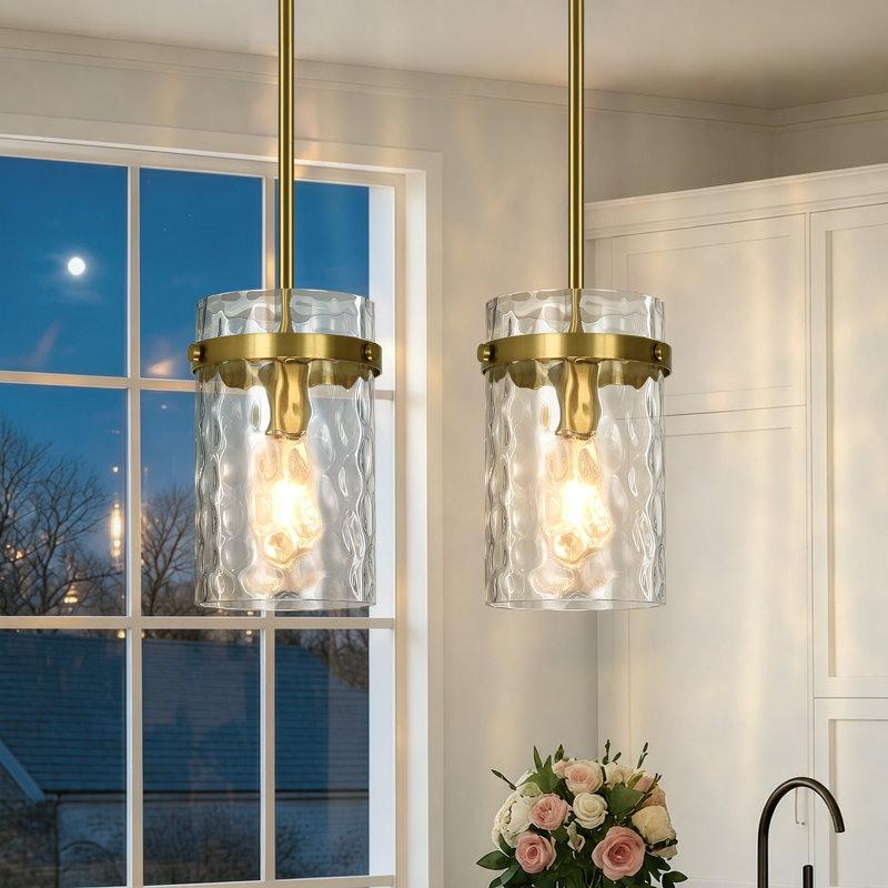 Levona 1 - Light Large Kitchen Island Pendant With Clear Hammered Glass Shade(Set Of 2), Gold