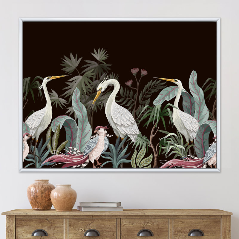 Chinoiserie avec oiseaux et pivoines III - peinture sur toile, H 12 po x l 20 po x p 1 po, Cadre flottant blanc