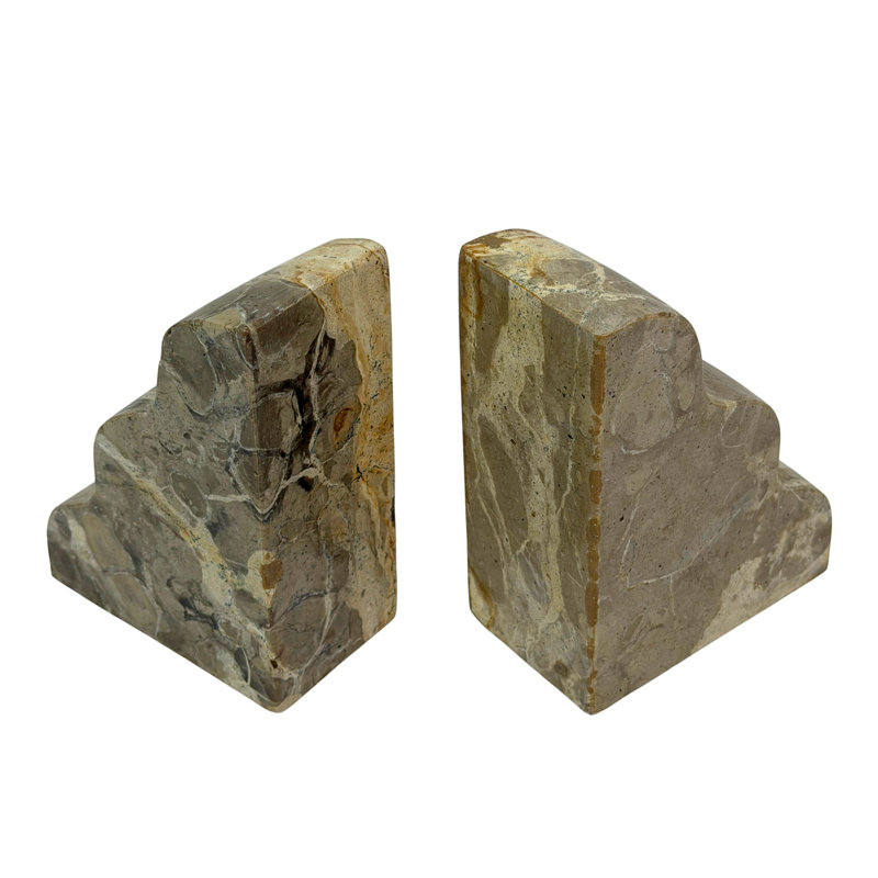 Serre-livres contemporains en marbre beige veiné naturel, ensemble de 2, forme festonnée, hauteur 15 cm