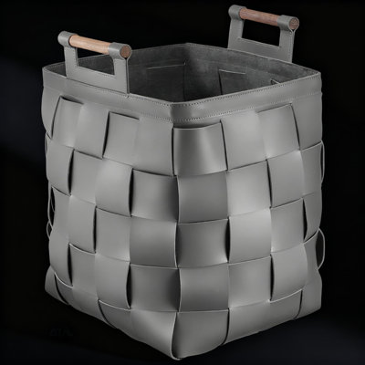 Panier à linge gris en cuir tissé à la main - Panier de rangement de grande capacité pour les vêtements, décoration intérieure élégante avec un design imperméable et facile à nettoyer