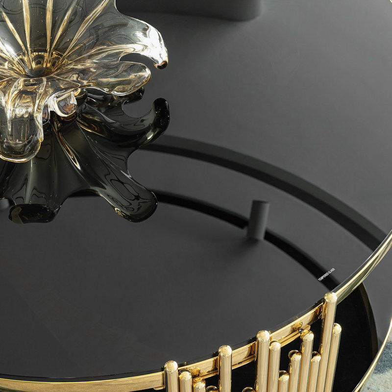 Table basse ronde en acier inoxydable à double couche en verre trempé noir pour le salon