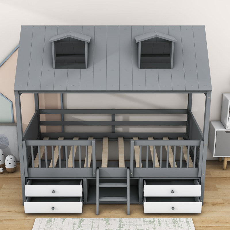 Lit mezzanine avec tiroirs Yacine Kids, Simple, gris