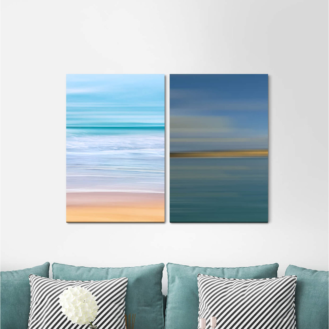 2-tlg. Leinwandbilder-Set - Grafikdruck „Waves Sea Beach Harmonious Horizon Calming Distance”