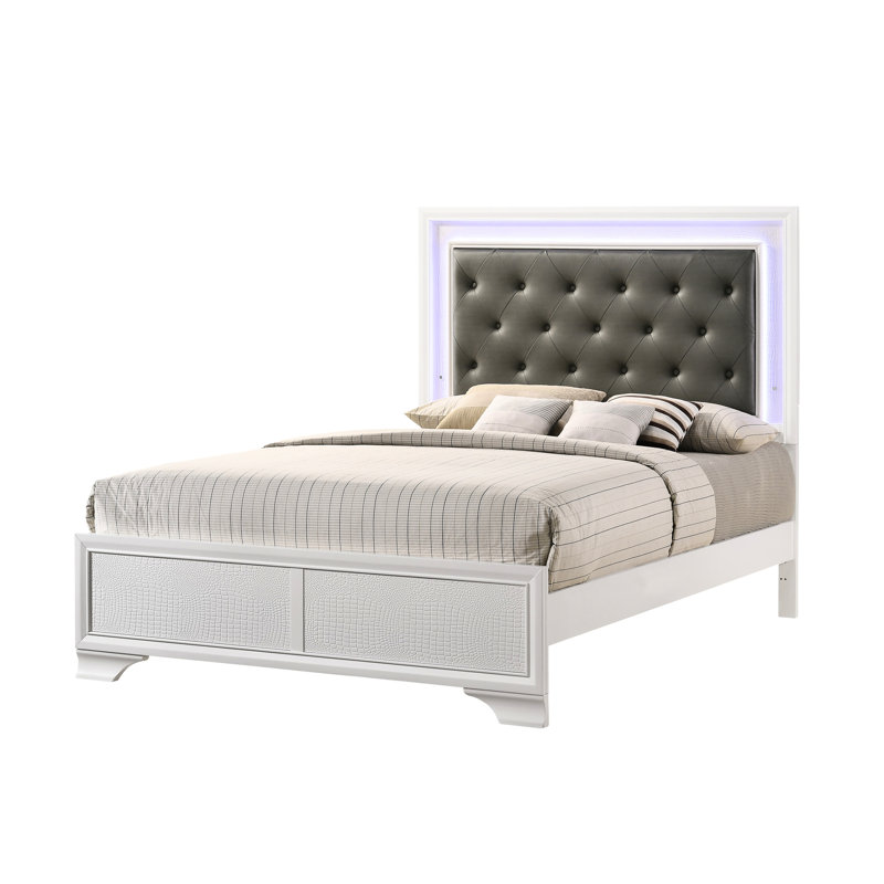 Grand lit tapissier moderne à texture crocodile blanc avec tête de lit à DEL intégrée et assemblage pratique facile à installer