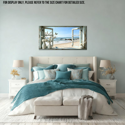 Coastal Window Wrapped Canvas Wall Art, 2:1 Beach Ocean View Picture with White Flowers and Butterfly, Seaside Wall Decor for Bedroom, Living Room, Office 12×24 Inch