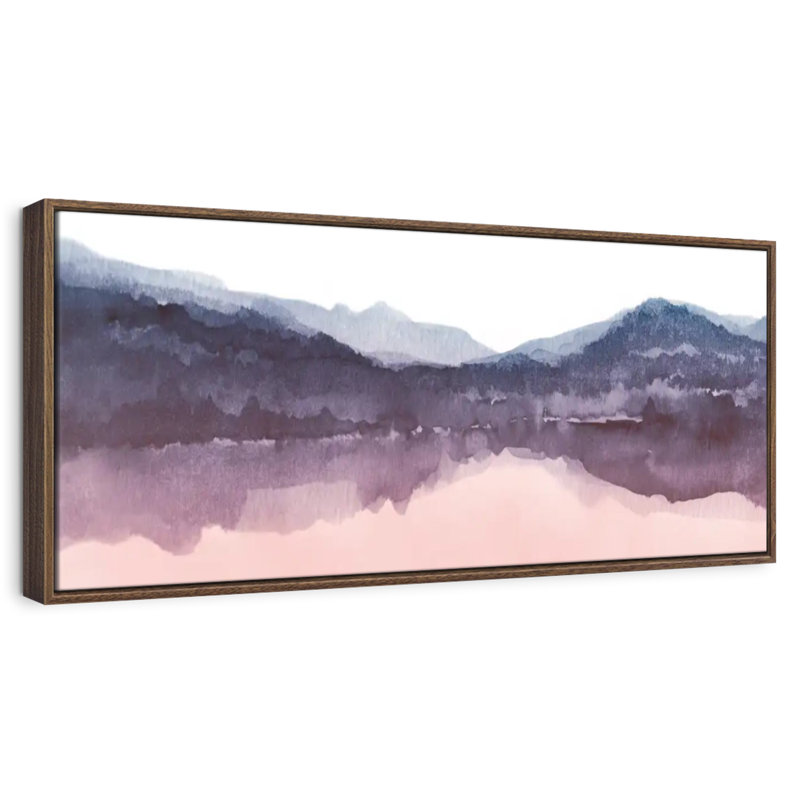 Aquarelle paysage IV rosé indigo III, 28 po x 10 po, Cadre flottant noyer