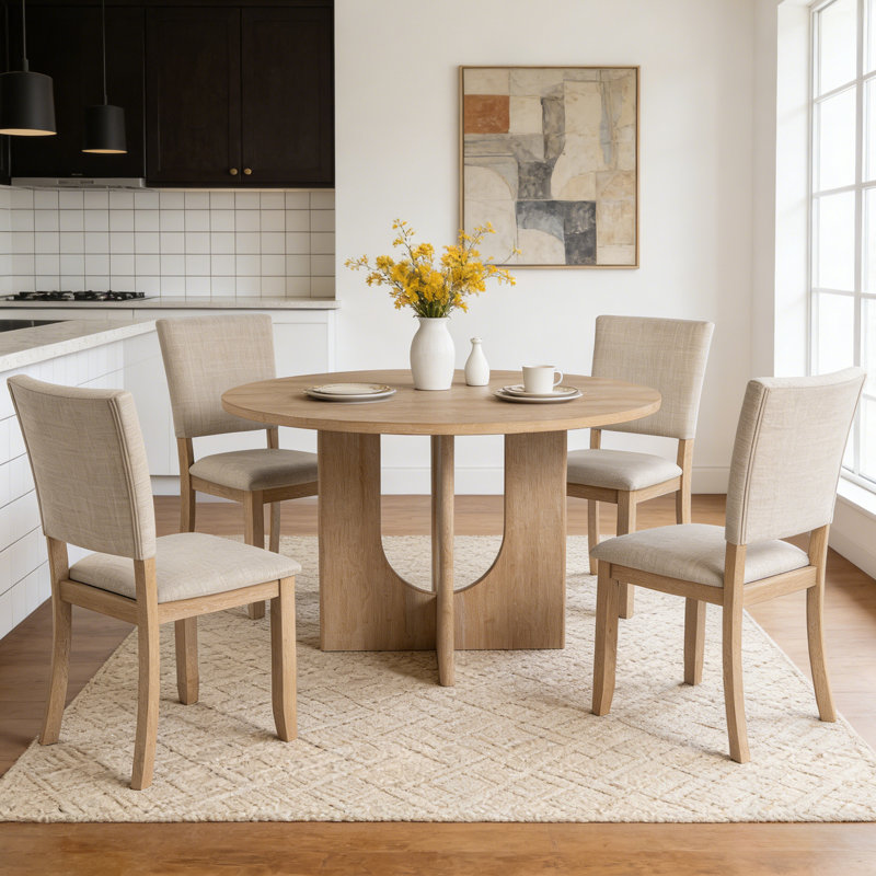 Modern 5-Piece Solid Wood Dining Table Sets For 4, Kitchen Table Set With 4 Upholstered Chairs, Natural