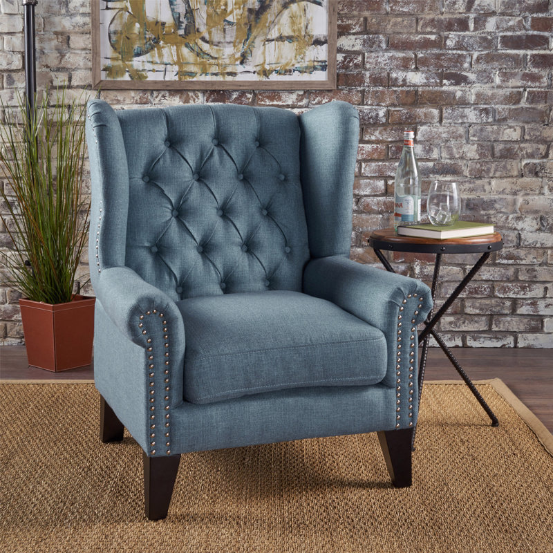 Fauteuil à oreilles capitonné Osvaldo, Blue Fabric