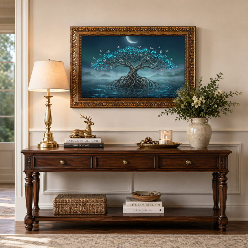 Walnut Gold Framed，Canvas Wall Art for Living Room, Bedroom, Office or Entryway – Decorative Wall Decor with Moonlit Tree
