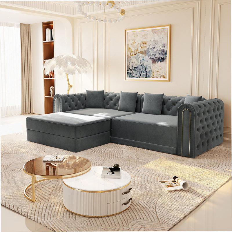 90.6-Inch 3-In-1 Convertible Sleeper Sofa With Movable Ottoman, Button Tufting, And Gold Edge Trim For Multi-Functional Living Spaces.