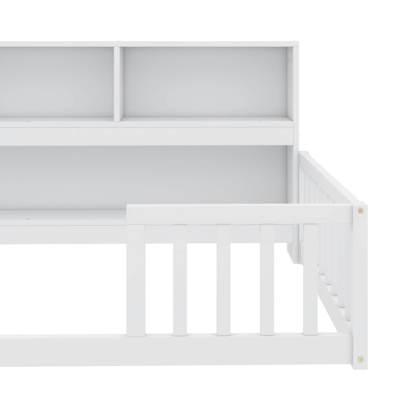 Lit simple simple avec bibliothèque, diverses tablettes de rangement et garde-corps, Blanc