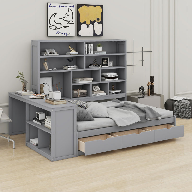 Daybed With Drawers ,Desk ,Shelves And Lights, Gray