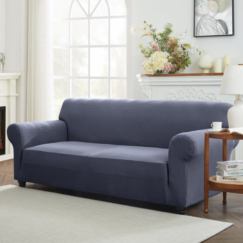 Premium Quality Spandex Sofa Cover Elastic Slipcover Soft Washable Couch Protector 2 Seater, Blue/Grey