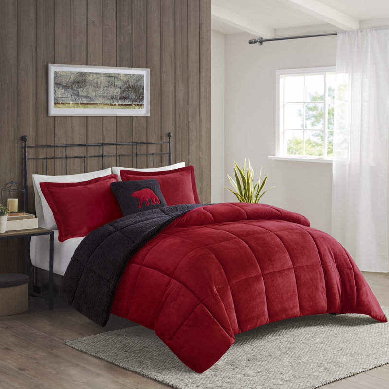 Ensemble d'édredon ultra-doux Alton, Rouge/noir, Édredon très grande taille, 2 taies et 2 coussin