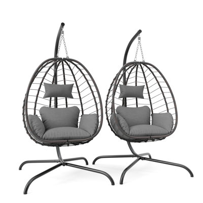 2-Piece Woven Rattan Hanging Egg Chair Set With Powder-Coated Steel Frame