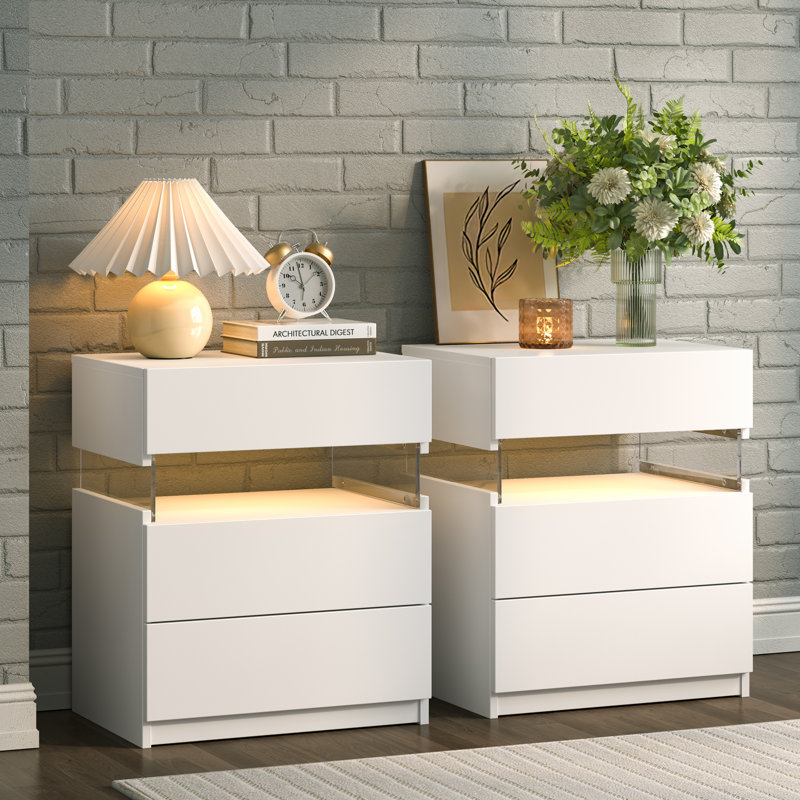 Nightstands set of 2 LED Night Stand, White