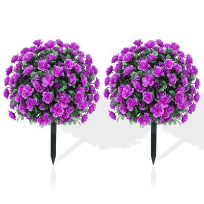 2 Pack Artificial Topiary Tree, 28in purple Faux Boxwood Plant with Metal Ground Stake, Artificial Flower Bush for Indoor Outdoor Garden Patio Porch Decor