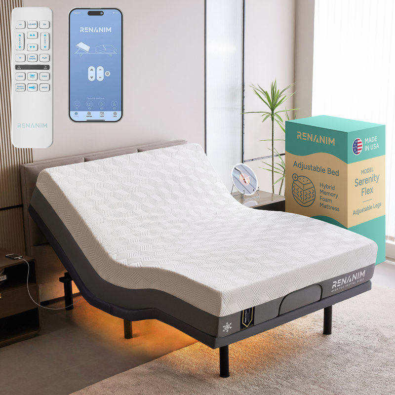 Lit réglable Sf avec matelas hybride de 14 po inclus, massage, USB, éclairage sous le lit, télécommande sans fil et contrôle des applications