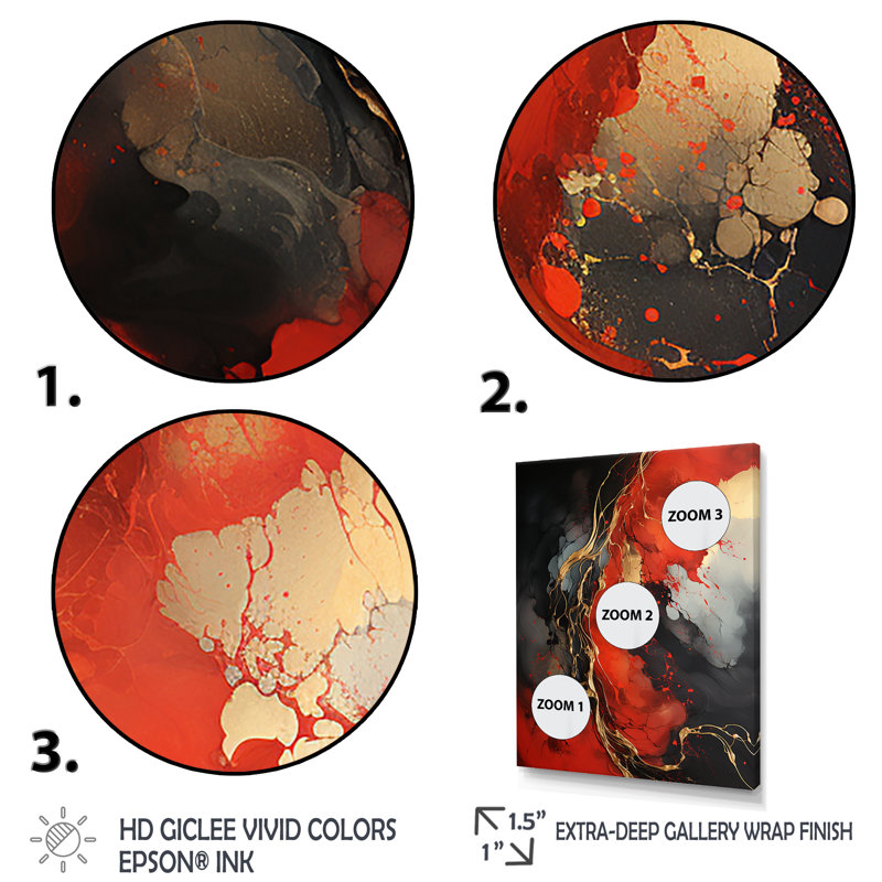 Volcan rouge et doré VI - art mural abstrait, Cadre flottant doré, H 40 po x l 30 po