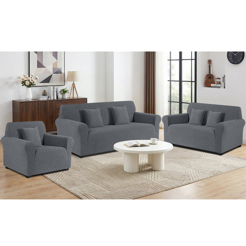 Wald 3 Seat Stretch Jacquard All Seasons Sofa Slipcovers 1-Piece Couch Sofa Covers With 2 Pillow Cover, Gray