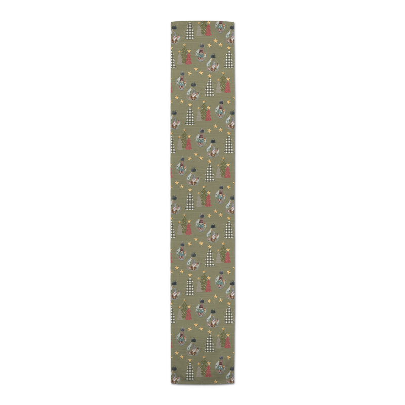 Gray Tree And Globe Pattern Table Runner, Green, 90" x 16"