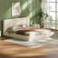 Cadre de lit plateforme rembourré California King avec étagères latérales coulissantes, matelas rembourré en velours côtelé avec mousse haute densité, cadre de lit à lattes métalliques à profil bas, aucun sommier requis, couleur crème.