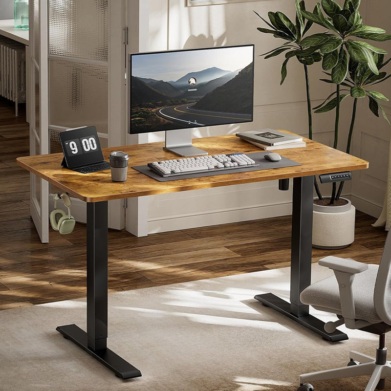 Electric Height Adjustable Standing Desk With 4 Lockable Casters, Hook, Big Mouse Pad, Brown, 55" W x 24" D
