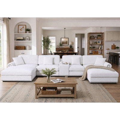 7 - Piece 179.86" U Shape Sectional Sofa Cloud Couch With Removable Ottomans & Cup Holder, USB & Type-C Charging Ports