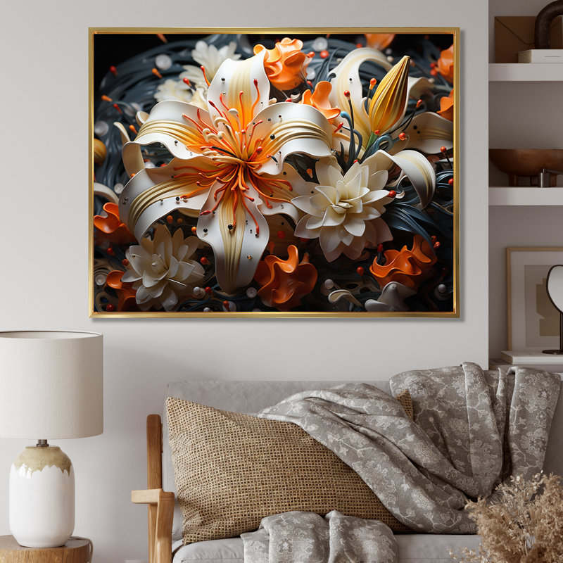 «Peach White Lilies Vibrant», reproduction sur toile, H 34 po x l 44 po x P 1,5 po, Cadre flottant doré