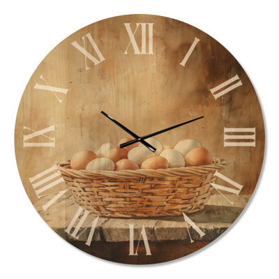 Oversized Nature Rustic Wood Wall Clock Print – Basket of Fresh Eggs Still Life