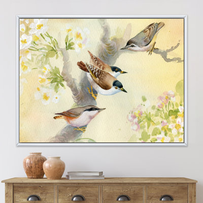 Oiseaux sur un pommier en fleurs - Peinture sur toile