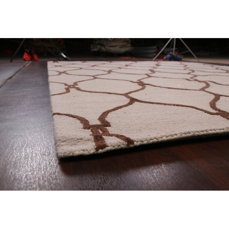 Tapis beige / brun en laine touffeté à la main à motif géométrique
