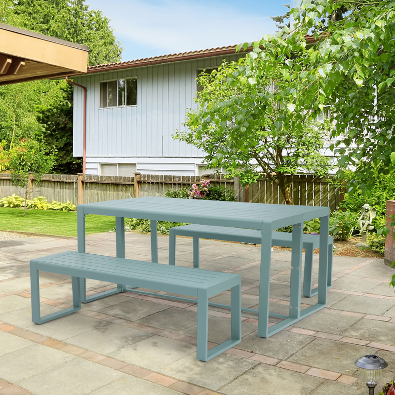 Ensemble repas d'extérieur en métal 63 po avec table rectangulaire et bancs Aoodor, Vert
