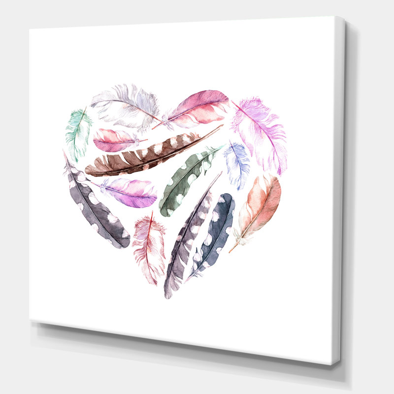 «Retro Heart with Pink Bird Feathers», impression sur toile, Toile tendue, H 30 po x l 30 po x P 1 po