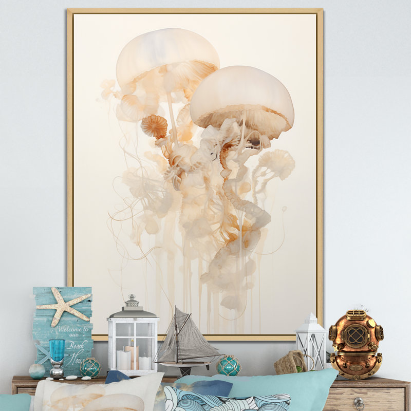 Minimalisme blanc méduse Dreams I sur impression sur toile, Cadre naturel flottant, H 32 po x l 16 po x P 1 po