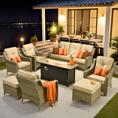 7 - Person Wicker Outdoor Conversation Set, Patio Sofa Set with Fire Pit and Cushions