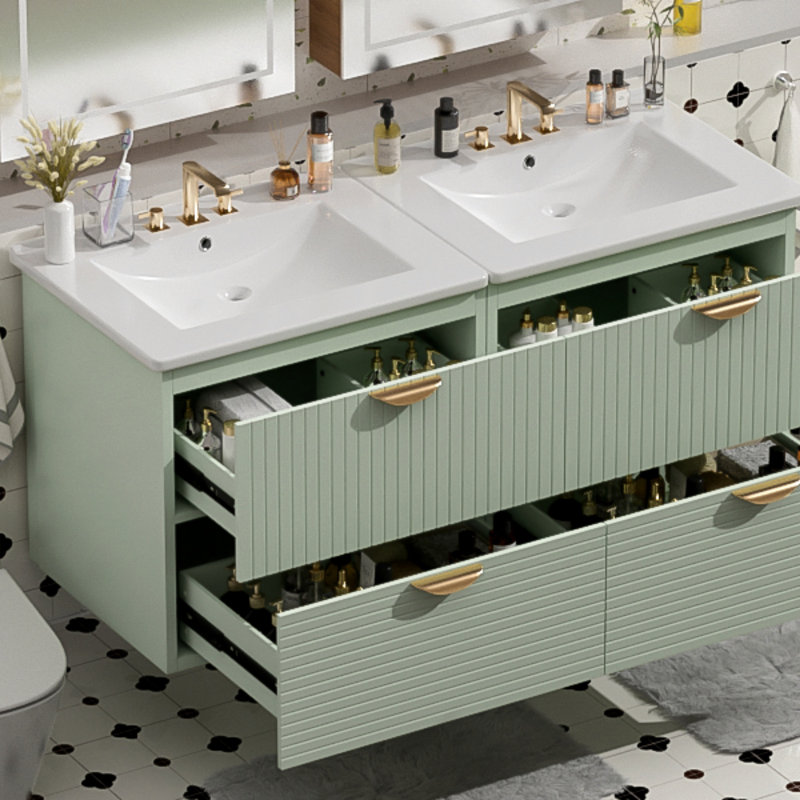 Ensemble de meuble-lavabo mural 48 po de style moderne avec deux lavabos séparés (double), deux lavabos en céramique, 4 tiroirs