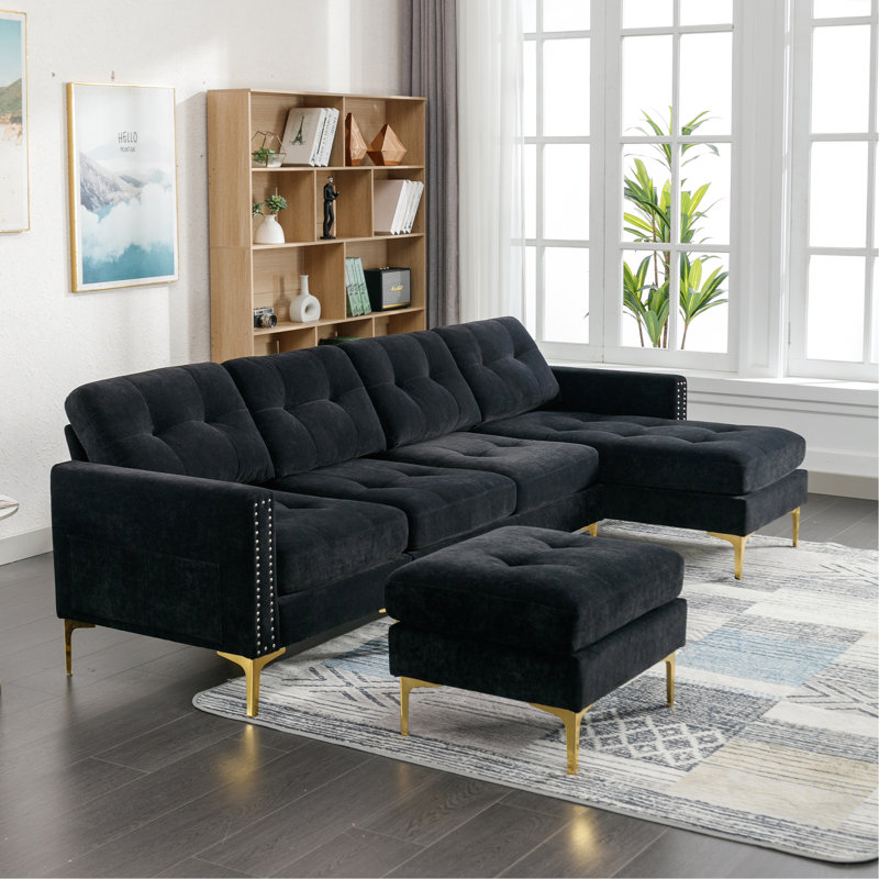 Canapé modulaire convertible en L 110,6 po avec repose-pieds mobile pour salon, appartement, bureau, noir, Velours noir