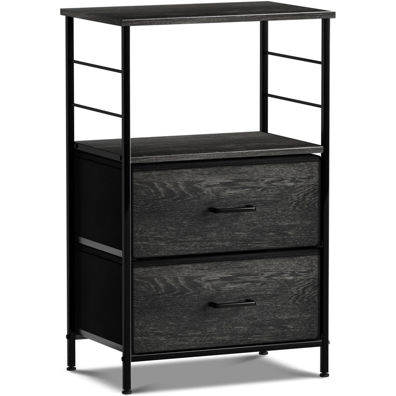Table de chevet à 2 tiroirs et tablettes Sorbus avec structure en acier, plateau en bois et bacs en tissu rustique - noir