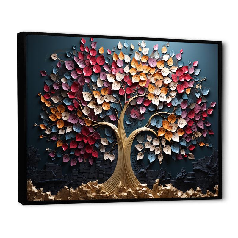 Arbre doré rose et bleu sur fond bleu - Art mural arbre, Cadre flottant noir, H 30 po x l 40 po x P 1,5 po