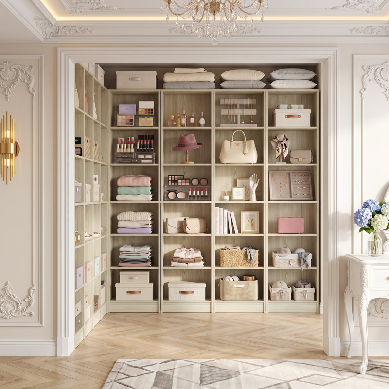 Système de placard avec tablettes ouvertes, Chêne blanchi