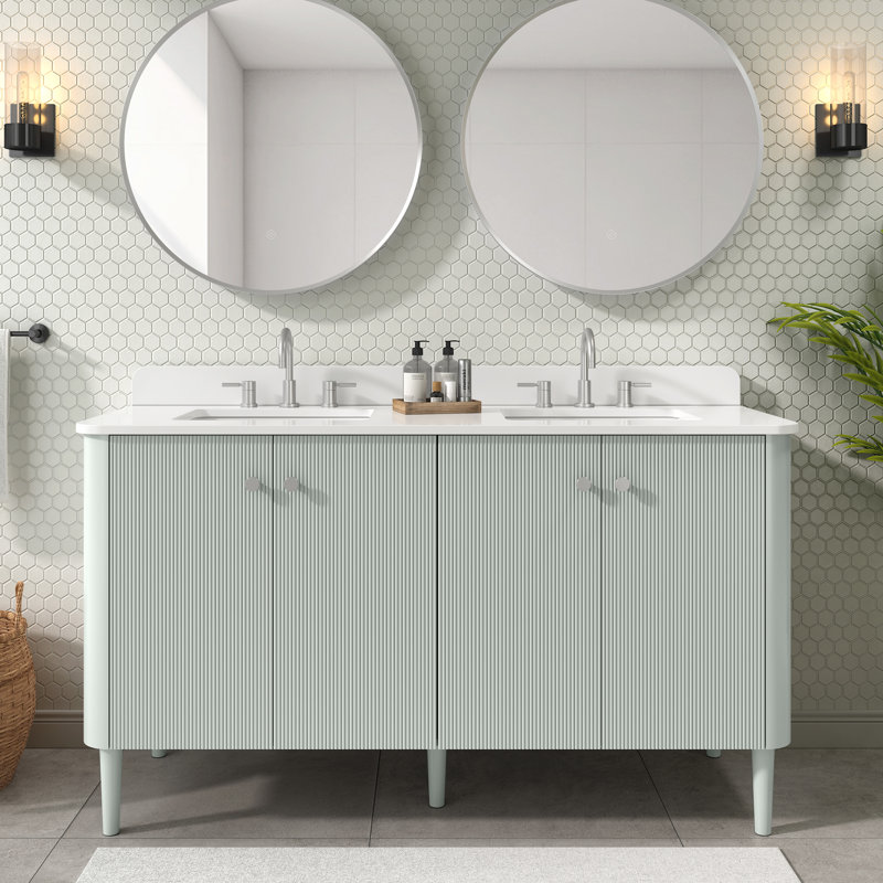 Haley 60 in. Double Sink Bathroom Vanity in Soft Sage with Top, White Quartz