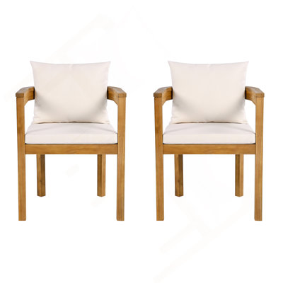 Chaise de salle à manger d'extérieur en bois d'acacia avec coussin beige, ensemble de 2